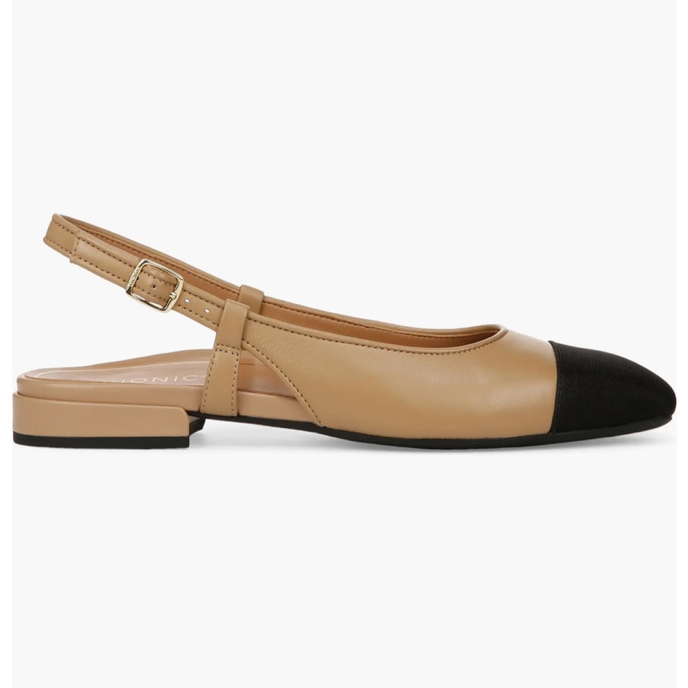 NWT Vionic Petaluma Camel Tan Leather Black Cap Toe Slingback Flats Size 10 Wide - Picture 2 of 7